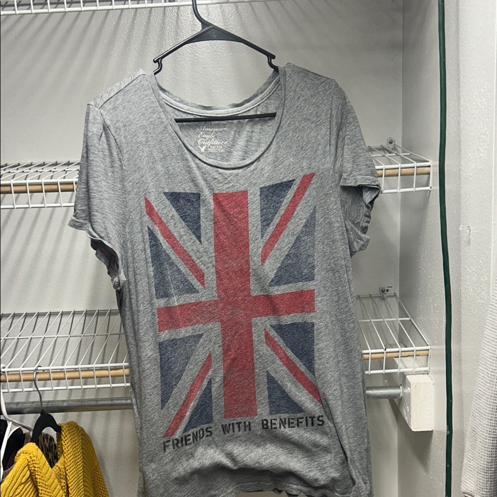 American Eagle Outfitters Grey Tee with Red & Navy Flag Graphic